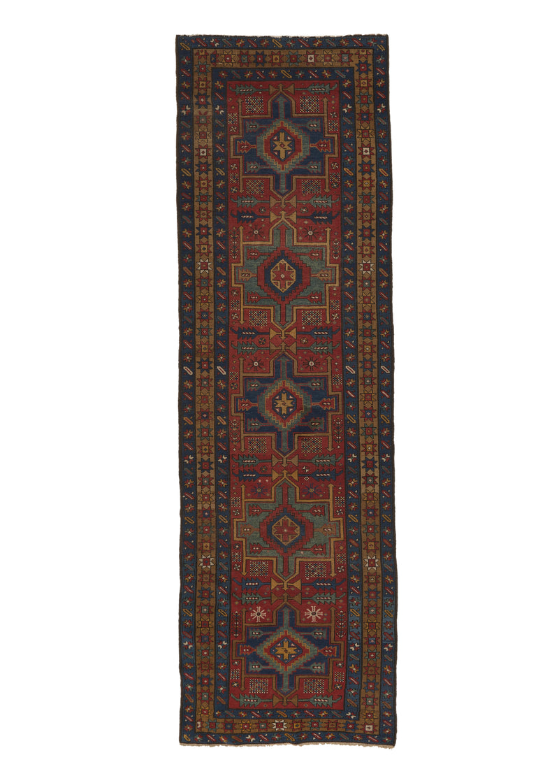 34977 Persian Rug Gharajeh Handmade Runner Antique Tribal 3'3'' x 10'6'' -3x11- Yellow Gold Blue Red Geometric Design