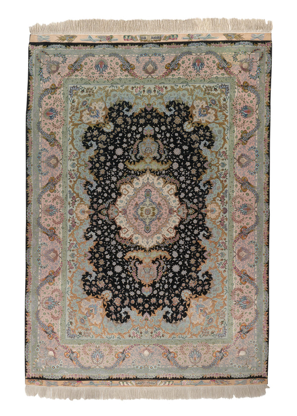 35012 Persian Rug Tabriz Handmade Area Traditional 4'11'' x 6'9'' -5x7- Green Pink Black Floral Naghsh Sae Jodgan Design