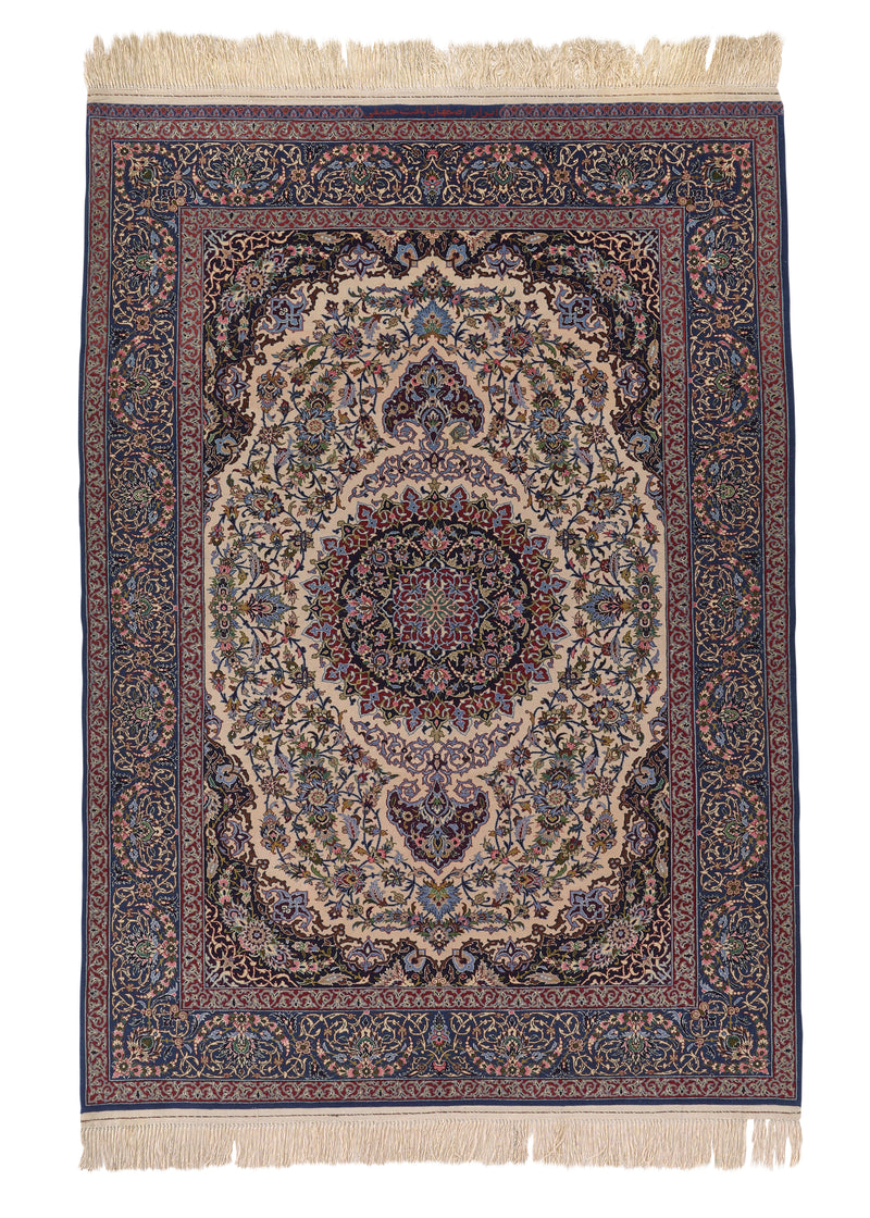 35024 Persian Rug Isfahan Handmade Area Traditional 4'8'' x 6'6'' -5x7- Whites Beige Blue Floral Design