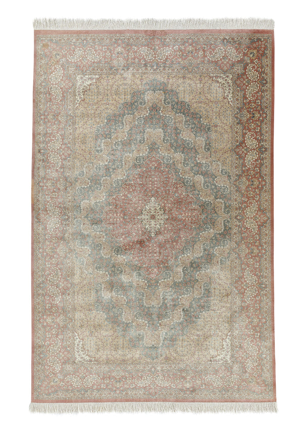 35035 Persian Rug Qum Handmade Area Traditional Traditional 4'4'' x 6'7'' -4x7- Orange Green Whites Beige Floral Design