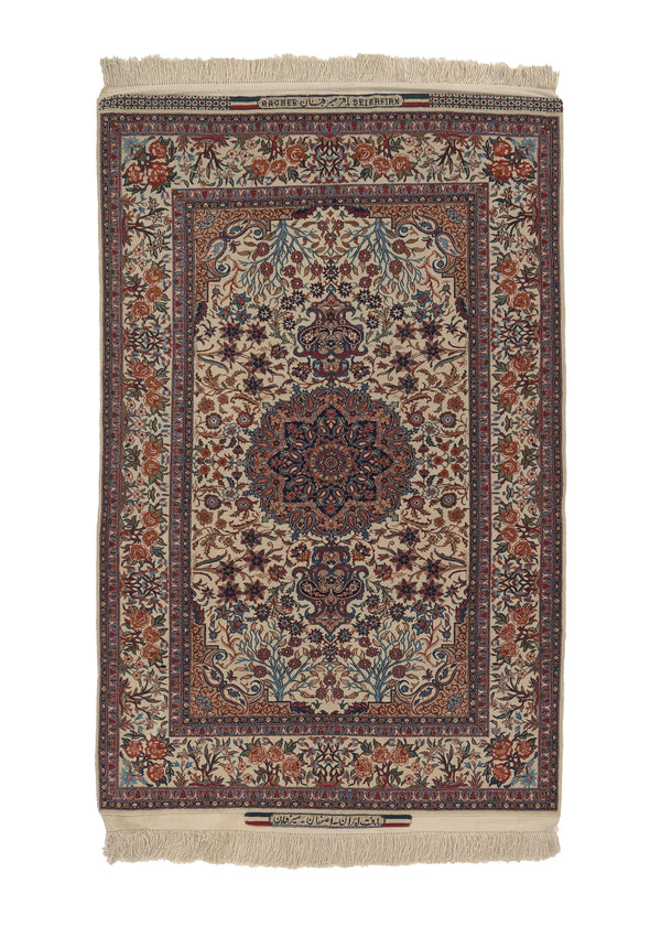 35039 Persian Rug Isfahan Handmade Area Traditional 3'6'' x 5'3'' -4x5- Whites Beige Floral Design