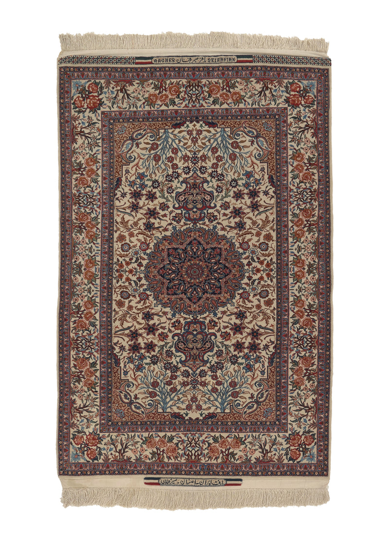 35039 Persian Rug Isfahan Handmade Area Traditional 3'6'' x 5'3'' -4x5- Whites Beige Floral Design