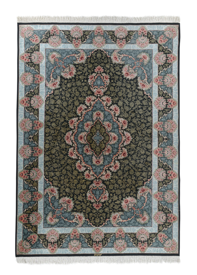 35041 Persian Rug Qum Handmade Area Traditional 4'5'' x 6'5'' -4x6- Pink Black Yellow Gold Floral Naghsh Khani Design