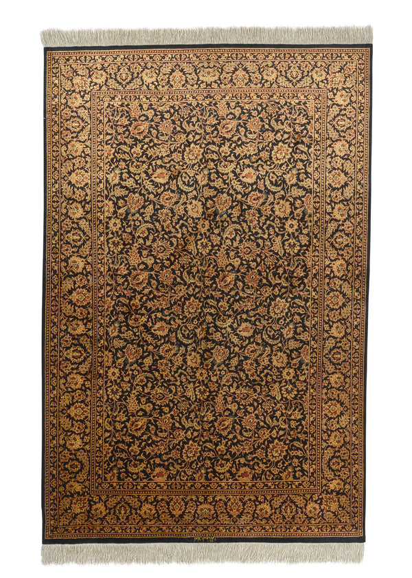 35049 Persian Rug Qum Handmade Area Traditional Traditional 4'4'' x 6'6'' -4x7- Orange Yellow Gold Black Versace Design