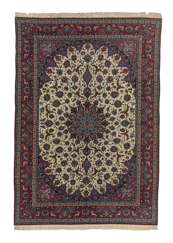 35060 Persian Rug Isfahan Handmade Area Traditional 6'8'' x 10'1'' -7x10- Red Whites Beige Floral Design