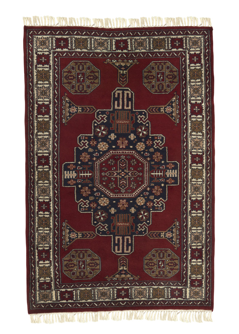 35062 Oriental Rug Afghan Handmade Area Traditional 4'2'' x 6'2'' -4x6- Red Geometric Design