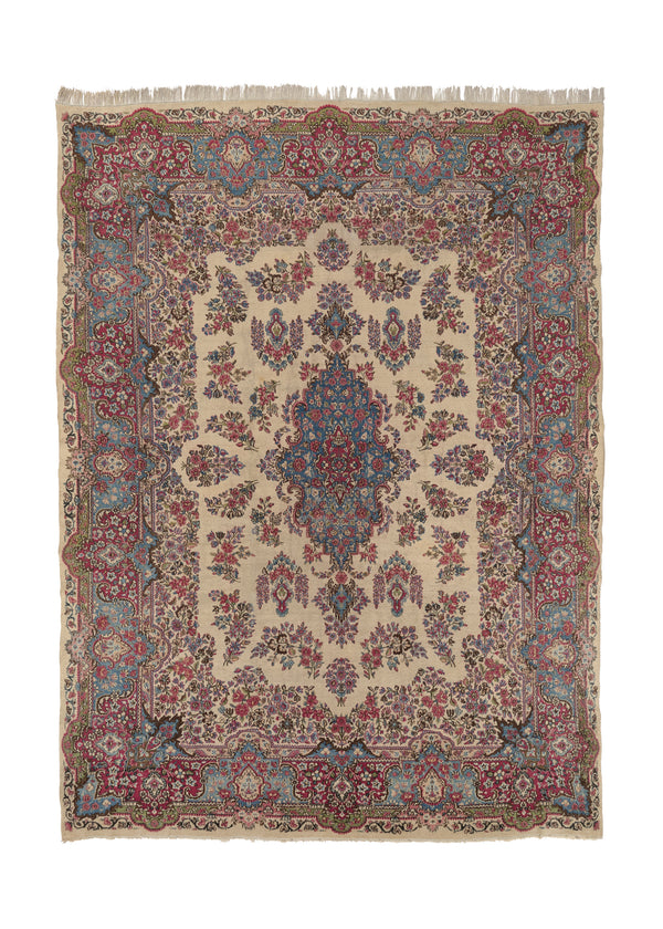 35072 Persian Rug Kerman Handmade Area Traditional 8'10'' x 12'2'' -9x12- Whites Beige Blue Pink Open Field Floral Design