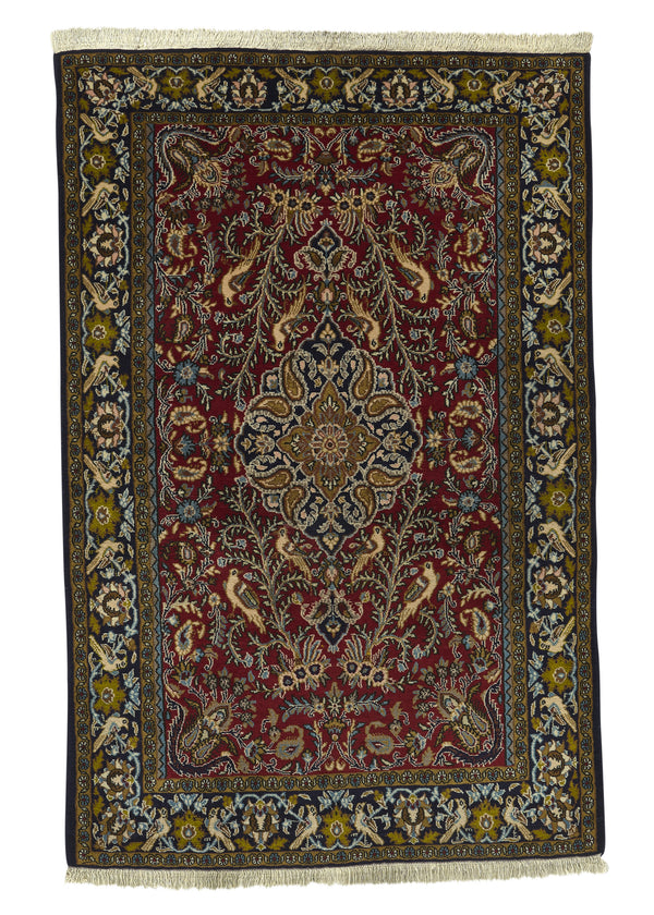 35076 Persian Rug Qum Handmade Area Traditional Traditional 3'5'' x 5'5'' -3x5- Red Yellow Gold Floral Animals Design