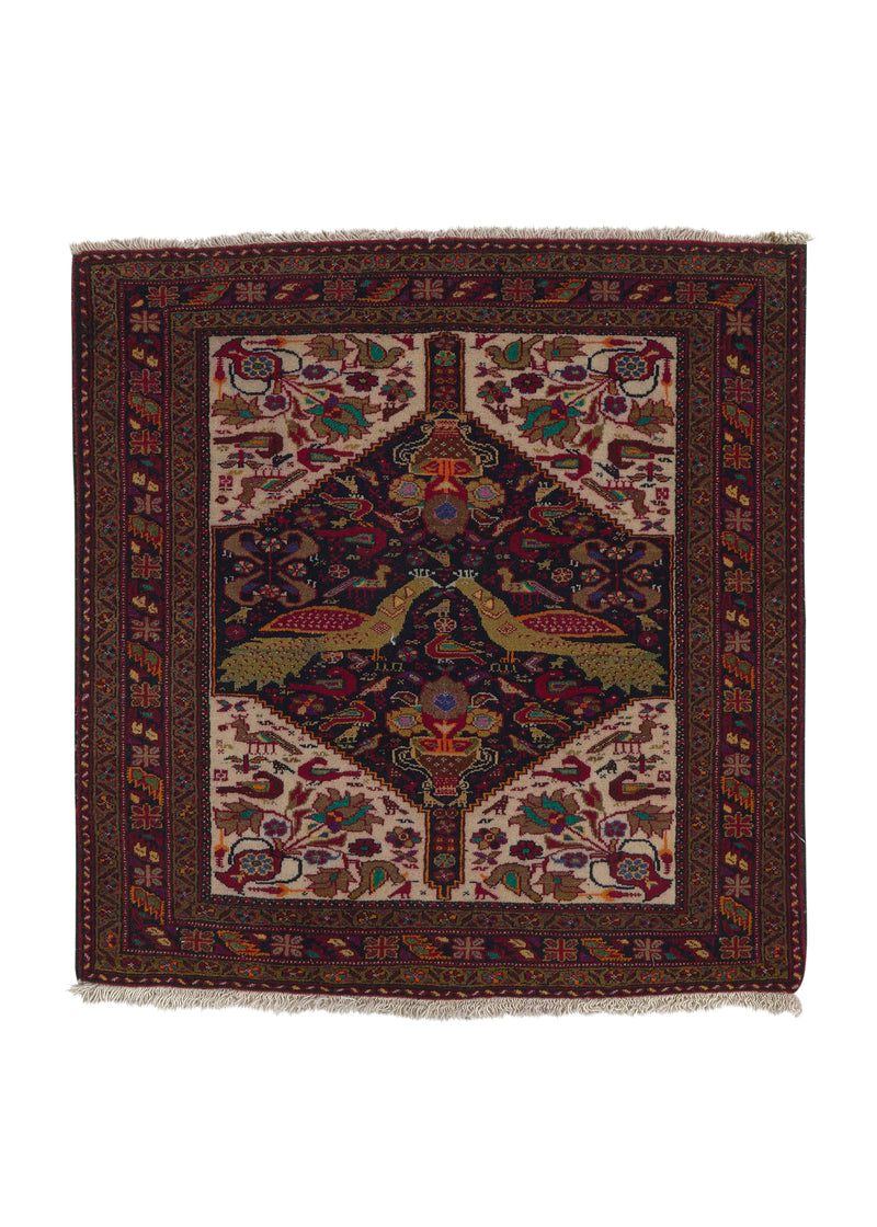 35077 Persian Rug Afshar Handmade Area Square Tribal 2'7'' x 2'7'' -3x3- Brown Whites Beige Floral Animals Design