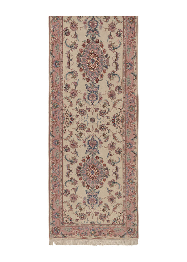 35081 Persian Rug Tabriz Handmade Runner Traditional 2'10'' x 12'0'' -3x12- Whites Beige Pink Naghsh Floral Design