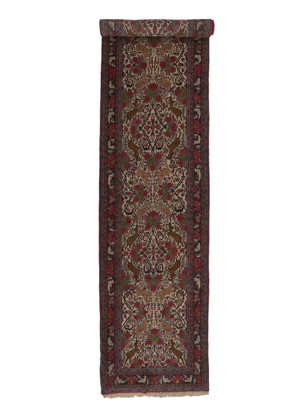35094 Persian Rug Bijar Handmade Runner Traditional 3'0'' x 13'5'' -3x13- Whites Beige Brown Red Animals Floral Design