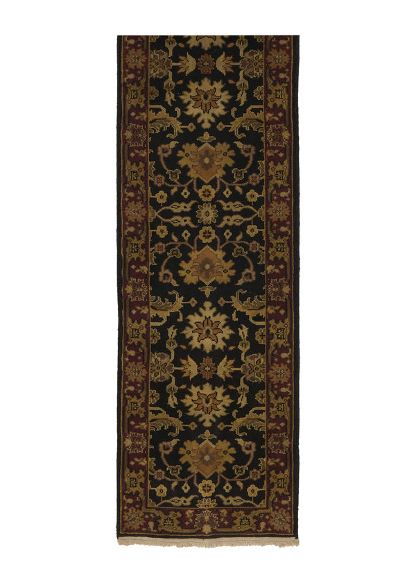 35097 Oriental Rug Indian Handmade Runner Transitional 2'6'' x 15'5'' -3x15- Black Yellow Gold Red Geometric Design