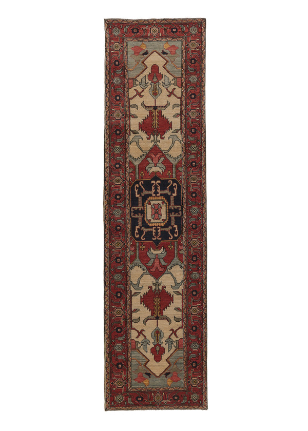 35125 Oriental Rug Pakistani Handmade Runner Transitional 2'8'' x 10'0'' -3x10- Red Whites Beige Geometric Serapi Design