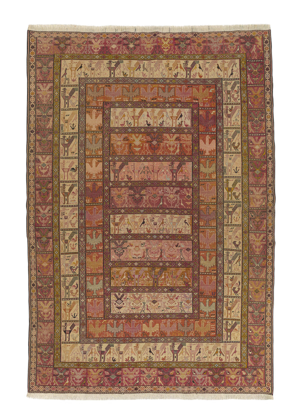 35134 Persian Rug Sirjan Handmade Area Tribal 6'9'' x 9'2'' -7x9- Pink Whites Beige Garden Animals Design