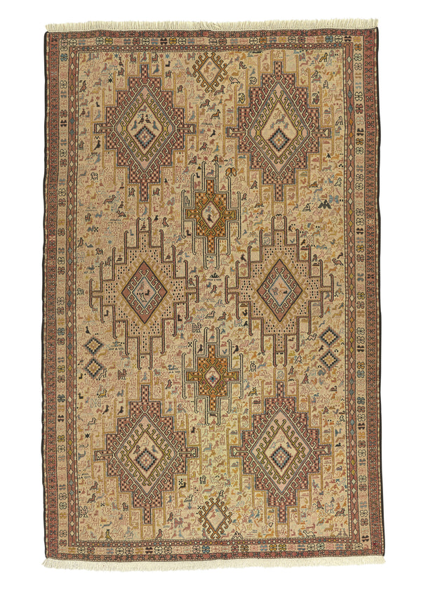 35136 Persian Rug Sirjan Handmade Area Tribal 4'0'' x 6'6'' -4x7- Yellow Gold Whites Beige Pink Geometric Design
