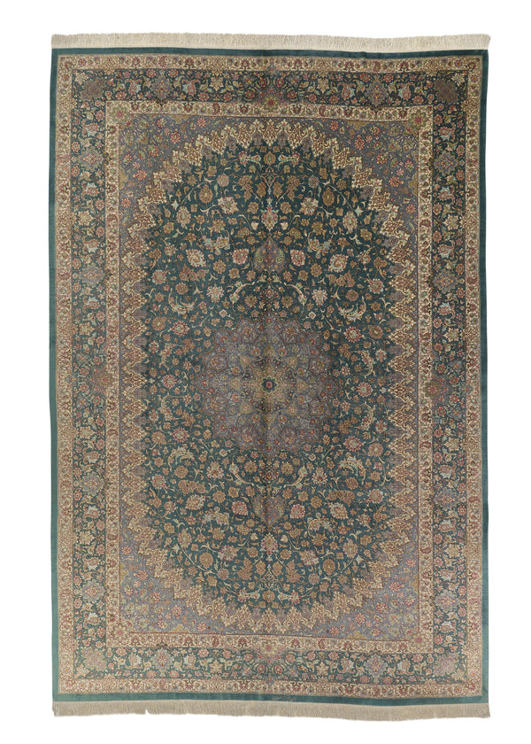 35142 Persian Rug Qum Handmade Area Traditional Traditional 6'7'' x 9'8'' -7x10- Green Floral Design