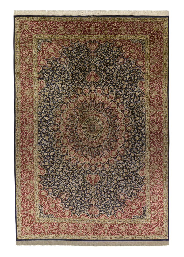 35143 Persian Rug Qum Handmade Area Traditional Traditional 6'6'' x 9'8'' -7x10- Blue Red Floral Design