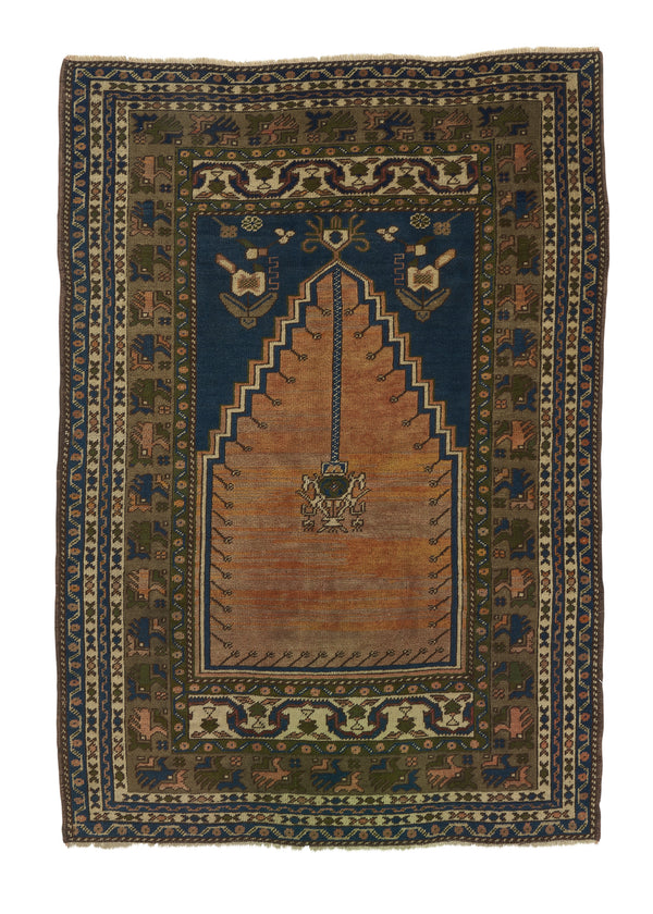 35147 Oriental Rug Turkish Handmade Area Tribal 3'9'' x 5'4'' -4x5- Orange Green Blue Prayer Rug Design