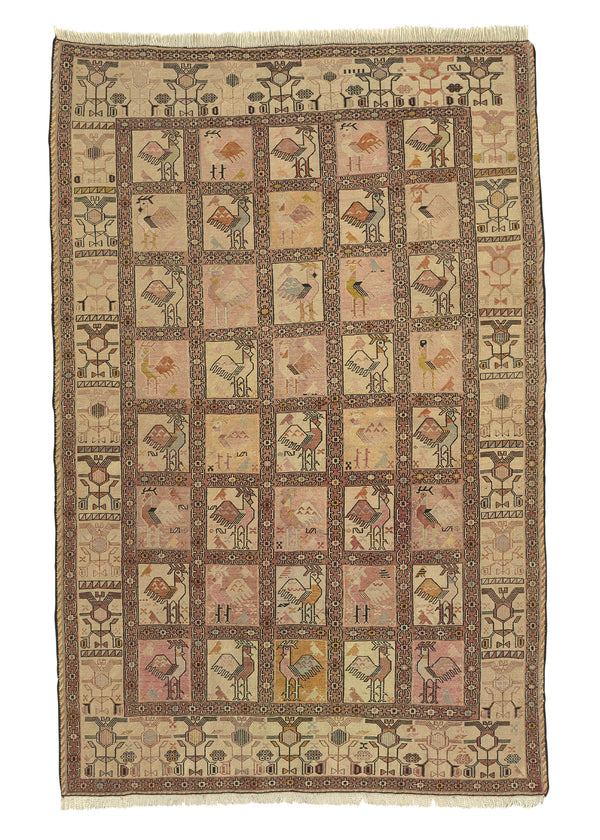 35158 Persian Rug Azerbaijan Handmade Area Tribal 4'0'' x 6'3'' -4x6- Pink Whites Beige Yellow Gold Garden Animals Kilim Design
