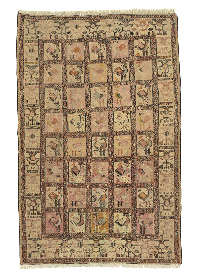 35158 Persian Rug Azerbaijan Handmade Area Tribal 4'0'' x 6'3'' -4x6- Pink Whites Beige Yellow Gold Garden Animals Kilim Design