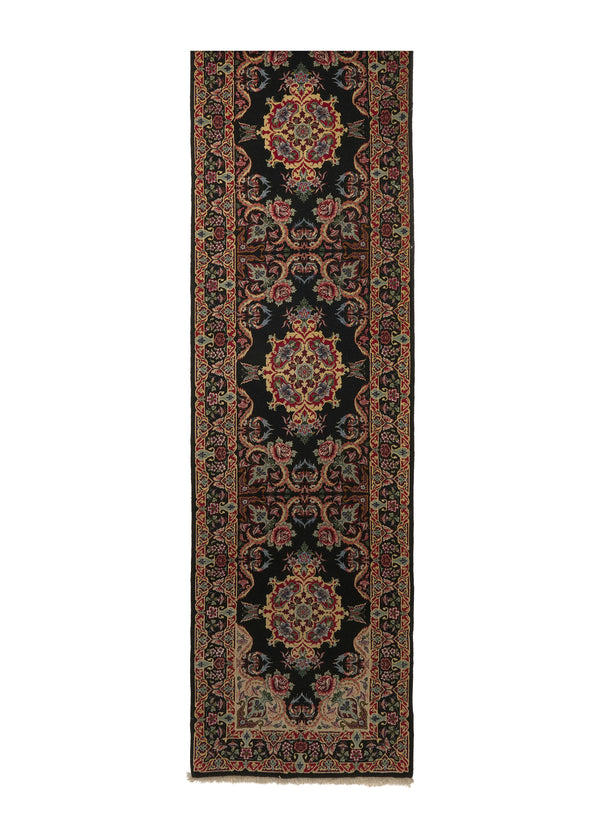 35163 Persian Rug Isfahan Handmade Runner Traditional 2'4'' x 14'0'' -2x14- Black Yellow Gold Open Field Floral Design