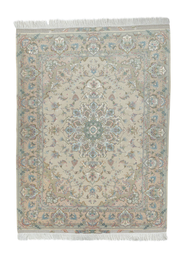 35179 Persian Rug Tabriz Handmade Area Traditional 5'0'' x 6'5'' -5x6- Green Whites Beige Floral Taraghi Design