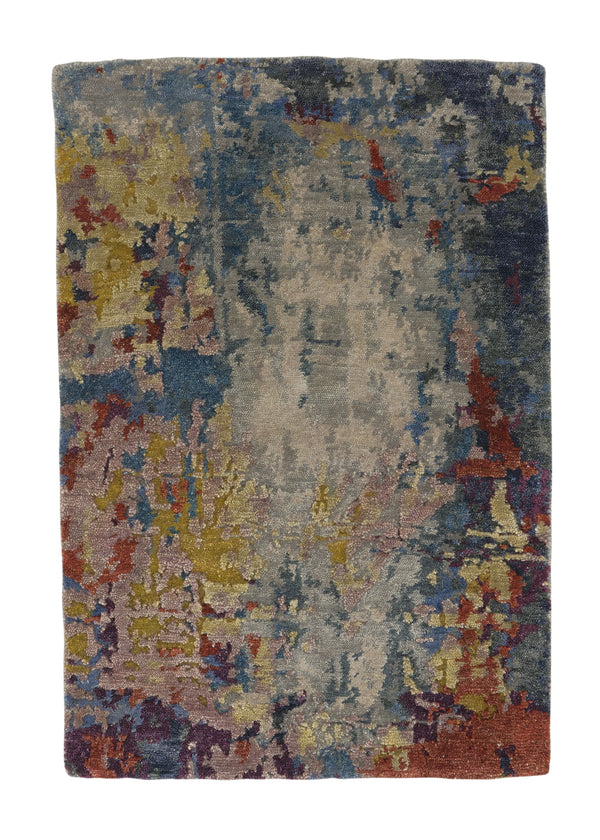 35203 Oriental Rug Indian Handmade Area Sample Modern 2'0'' x 3'0'' -2x3- Blue Red Yellow Gold Abstract Design