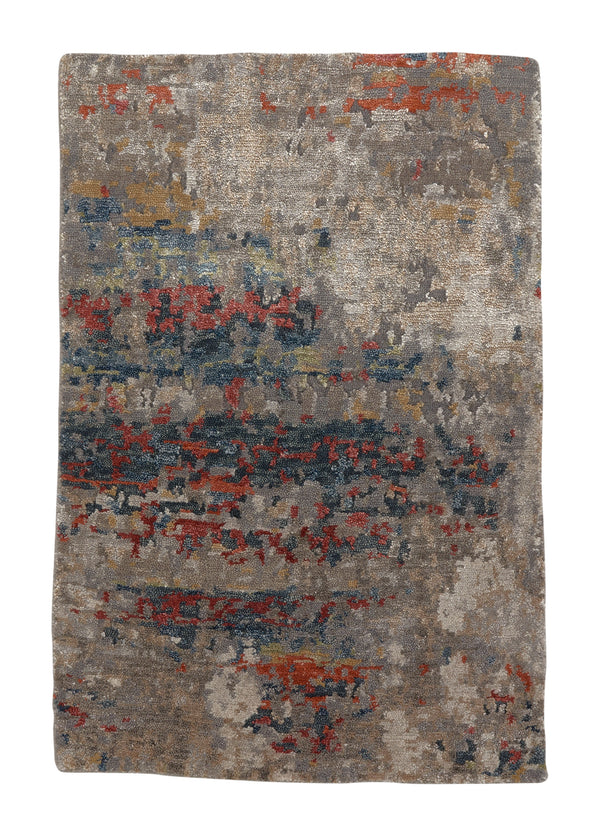 35204 Oriental Rug Indian Handmade Area Sample Modern 2'0'' x 3'0'' -2x3- Blue Red Whites Beige Abstract Splatter Design