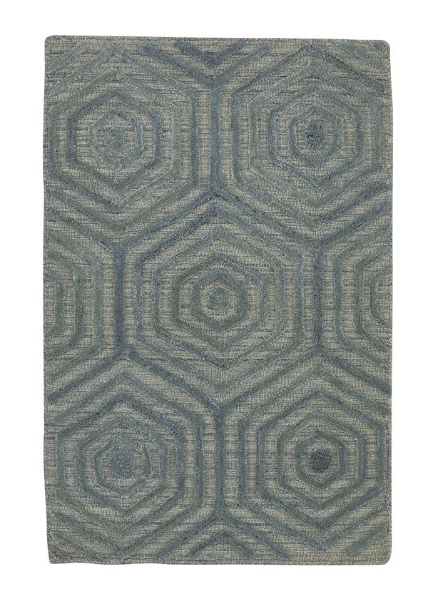 35218 Oriental Rug Indian Handmade Area Sample Modern 2'0'' x 3'0'' -2x3- Gray Green Geometric High Low Pile Design