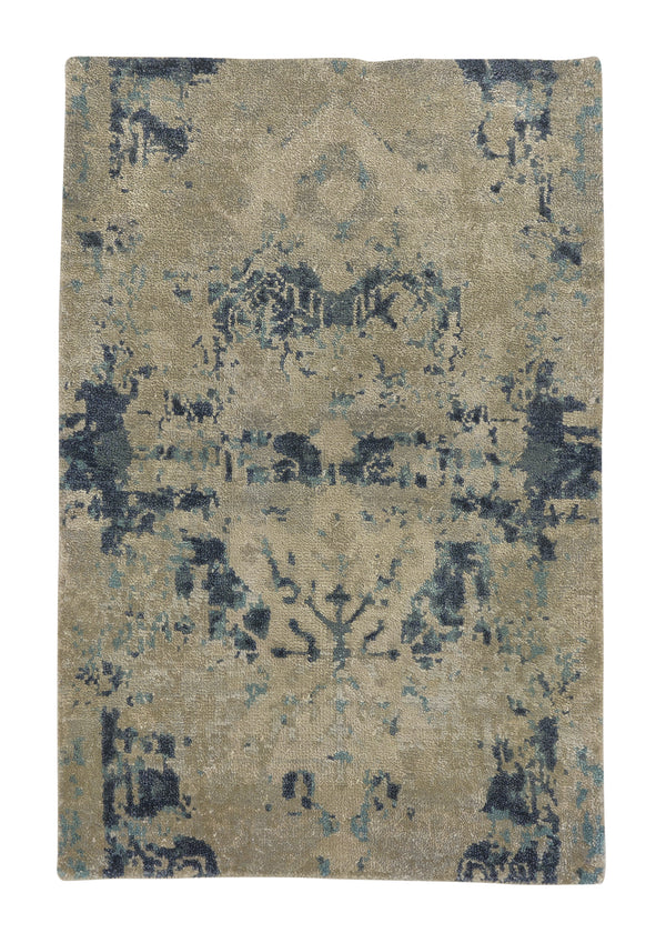 35221 Oriental Rug Indian Handmade Area Sample Modern 2'0'' x 3'0'' -2x3- Blue Whites Beige Abstract Erased Design