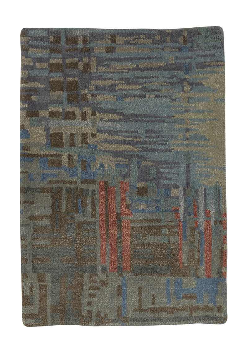 35223 Oriental Rug Indian Handmade Area Sample Modern 2'0'' x 3'0'' -2x3- Brown Blue Abstract Design
