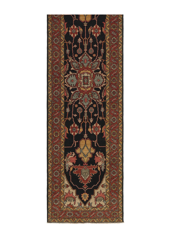 35363 Oriental Rug Pakistani Handmade Runner Transitional Tribal 2'9'' x 10'1'' -3x10- Black Red Geometric Serapi Design