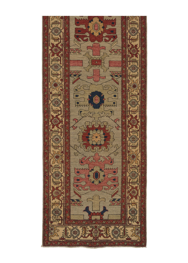 35372 Oriental Rug Pakistani Handmade Runner Transitional Tribal 3'1'' x 16'0'' -3x16- Whites Beige Green Red Geometric Serapi Design