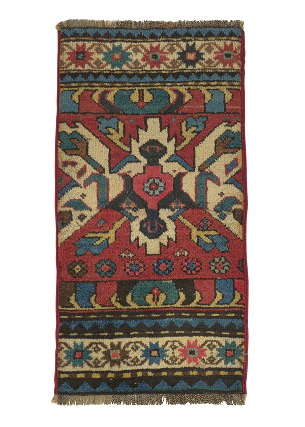 35491 Caucasian Rug Kazak Handmade Area Antique Tribal 1'3'' x 1'5'' -1x1- Red Geometric Partition Design