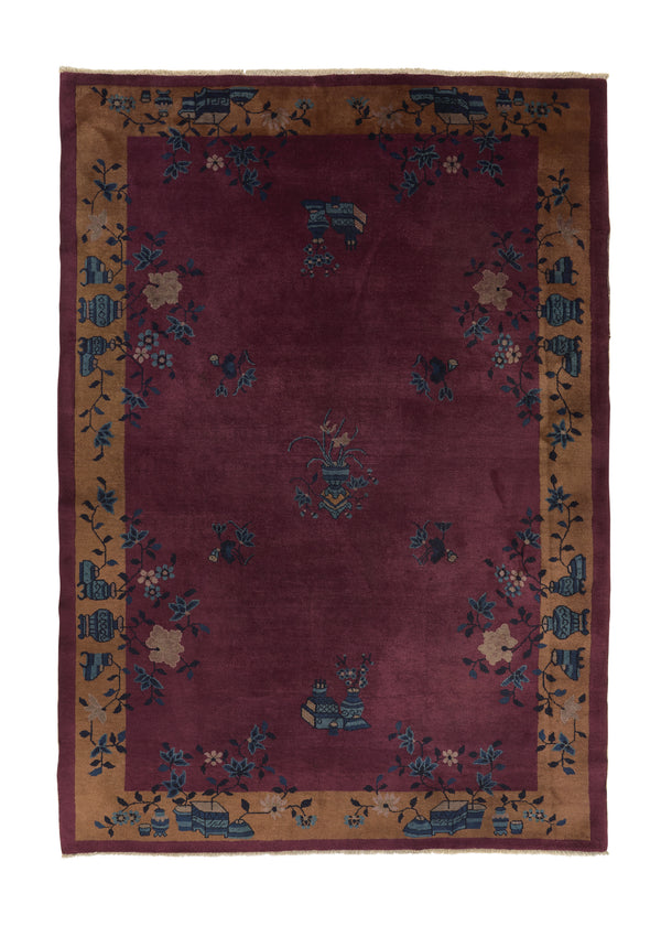 35506 Oriental Rug Chinese Handmade Area Antique Traditional 6'2'' x 8'9'' -6x9- Purple Pictorial Vase Open Design