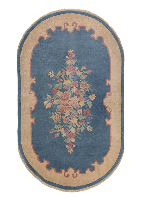 35507 Oriental Rug Chinese Handmade Round Traditional 4'1'' x 6'10'' -4x7- Blue Pink Floral Carved Oval Design