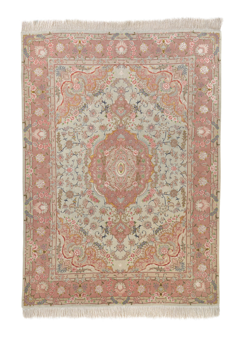 35511 Persian Rug Tabriz Handmade Area Traditional 5'0'' x 6'6'' -5x7- Pink Whites Beige Floral Vase Design