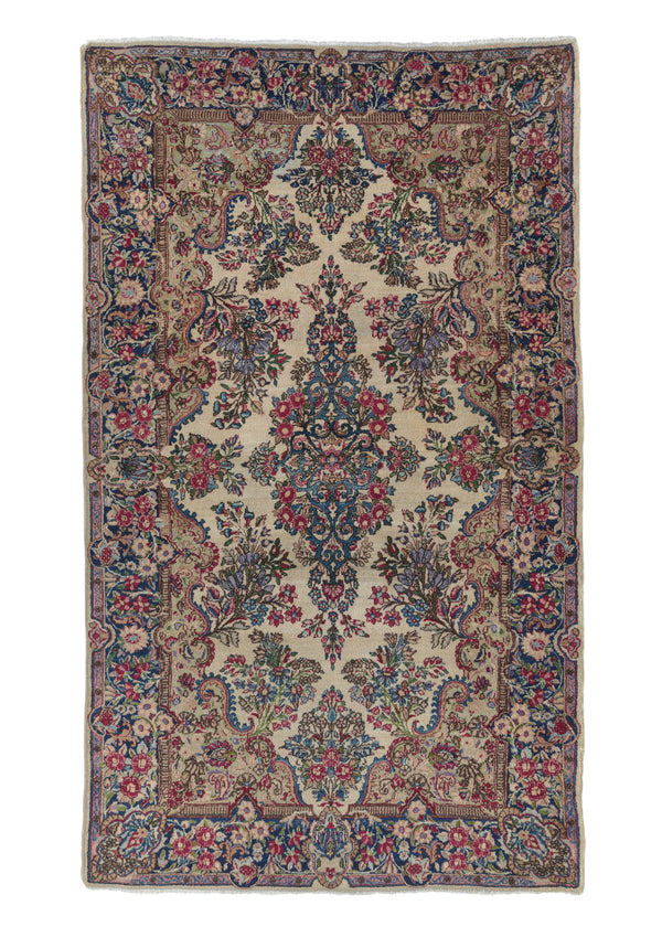35526 Persian Rug Kerman Handmade Area Traditional 4'2'' x 7'0'' -4x7- Whites Beige Pink Floral Design