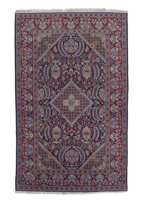 35536 Persian Rug Kashan Handmade Area Traditional 4'6'' x 7'1'' -5x7- Blue Red Hajikhanomi Floral Vase Design