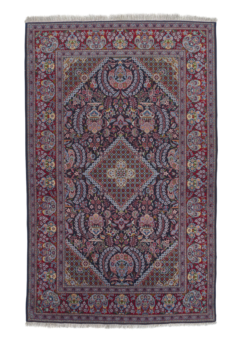 35536 Persian Rug Kashan Handmade Area Traditional 4'6'' x 7'1'' -5x7- Blue Red Hajikhanomi Floral Vase Design