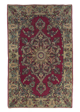 35549 Persian Rug Kerman Handmade Area Antique Traditional 3'0'' x 4'10'' -3x5- Red Whites Beige Open Field Floral Design