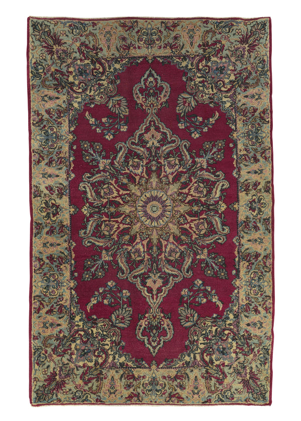35549 Persian Rug Kerman Handmade Area Antique Traditional 3'0'' x 4'10'' -3x5- Red Whites Beige Open Field Floral Design