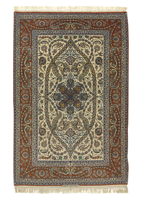 35564 Persian Rug Isfahan Handmade Area Traditional 3'7'' x 5'5'' -4x5- Orange Whites Beige Animals Floral Design