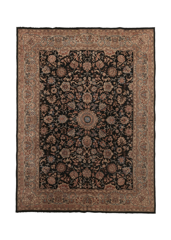 35573 Oriental Rug Chinese Handmade Area Traditional 9'0'' x 12'0'' -9x12- Black Whites Beige Floral Design