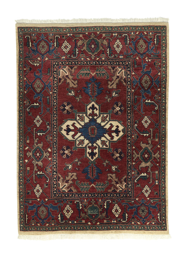 35579 Persian Rug Heriz Handmade Area Traditional Tribal 3'8'' x 5'0'' -4x5- Whites Beige Red Floral Design