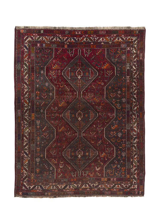 35596 Persian Rug Shiraz Handmade Area Tribal Vintage 7'8'' x 9'8'' -8x10- Red Gray Geometric Animals Design