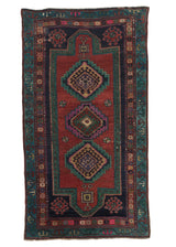 35620 Persian Rug Kurdistan Handmade Area Antique Tribal 4'3'' x 7'7'' -4x8- Red Blue Green Geometric Design