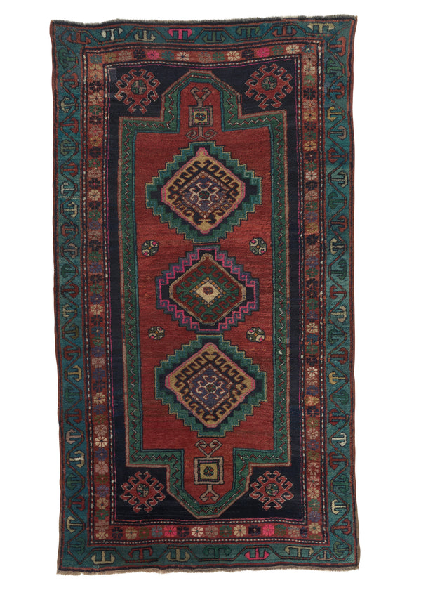 35620 Persian Rug Kurdistan Handmade Area Antique Tribal 4'3'' x 7'7'' -4x8- Red Blue Green Geometric Design