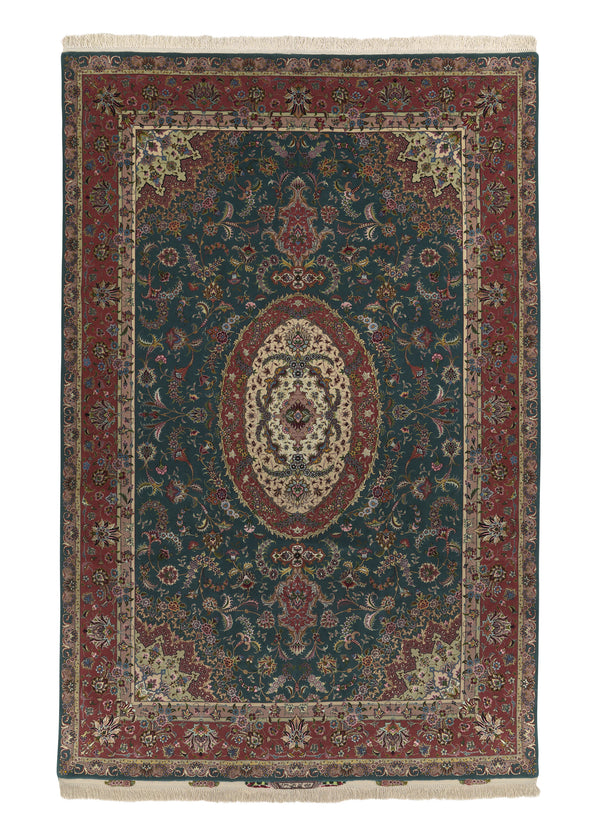 35628 Persian Rug Tabriz Handmade Area Traditional 6'6'' x 10'0'' -7x10- Green Pink Floral Design