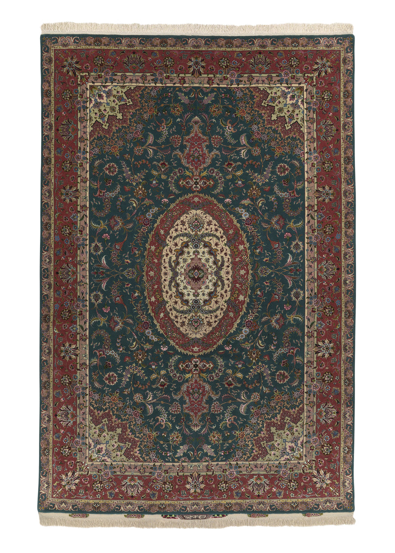35628 Persian Rug Tabriz Handmade Area Traditional 6'6'' x 10'0'' -7x10- Green Pink Floral Design